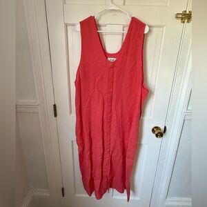 FLAX by Jeanne Engelhart 100% Linen Midi Shift Dress in Coral Pink, Size XXL
